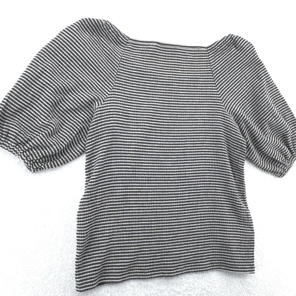 LOFT Womens Puff Sleeve Top Medium Black White Striped Ribbed Knit